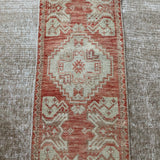 17” x 36” Antique Turkish Oushak Mat Rug Muted Warm Red, Beige + Sage