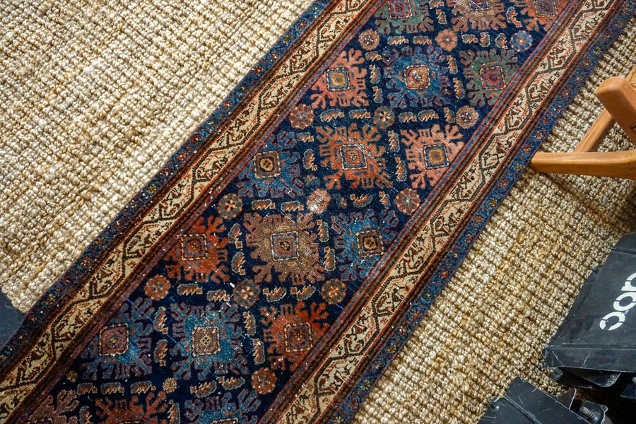 2’6 x 16’7 Classic Vintage Hamadan Runner Jewel Tones Rich Dark Blue, Navy and Rose