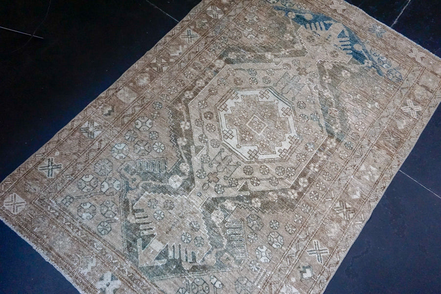 4’2 x 6’4 Vintage Hamadan Carpet Dark Beige,  Denim Blue + Brown SB