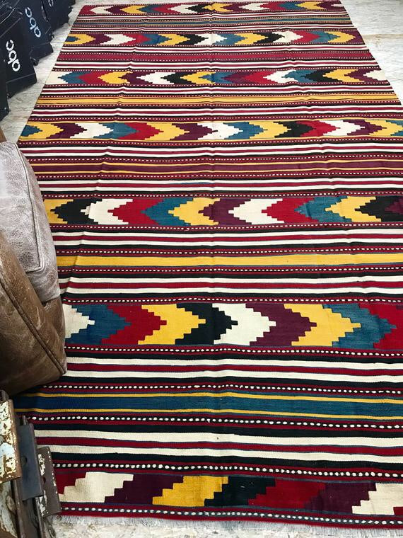 Vintage Turkish Kilim 6 X 11 Flat weave Carpet Colors Gold, Yellow, Brown, Rust, Blue