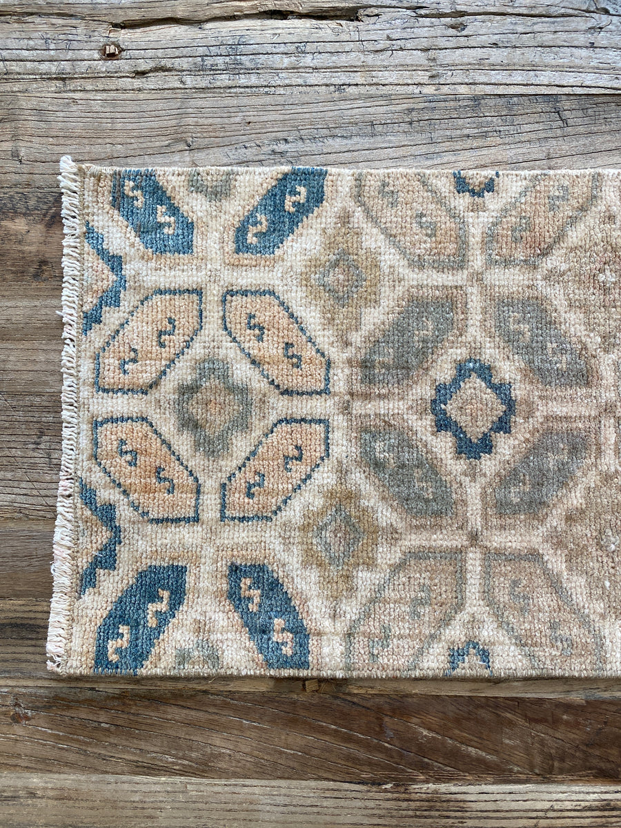 1’ x 3’ Vintage Taspinar Rug Very Muted Sea Blue-Green & Beige
