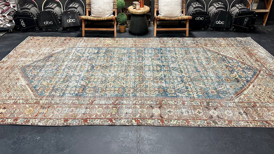 7’ x 13’8 Classic Antique Rug Muted Gray, Blue & Red