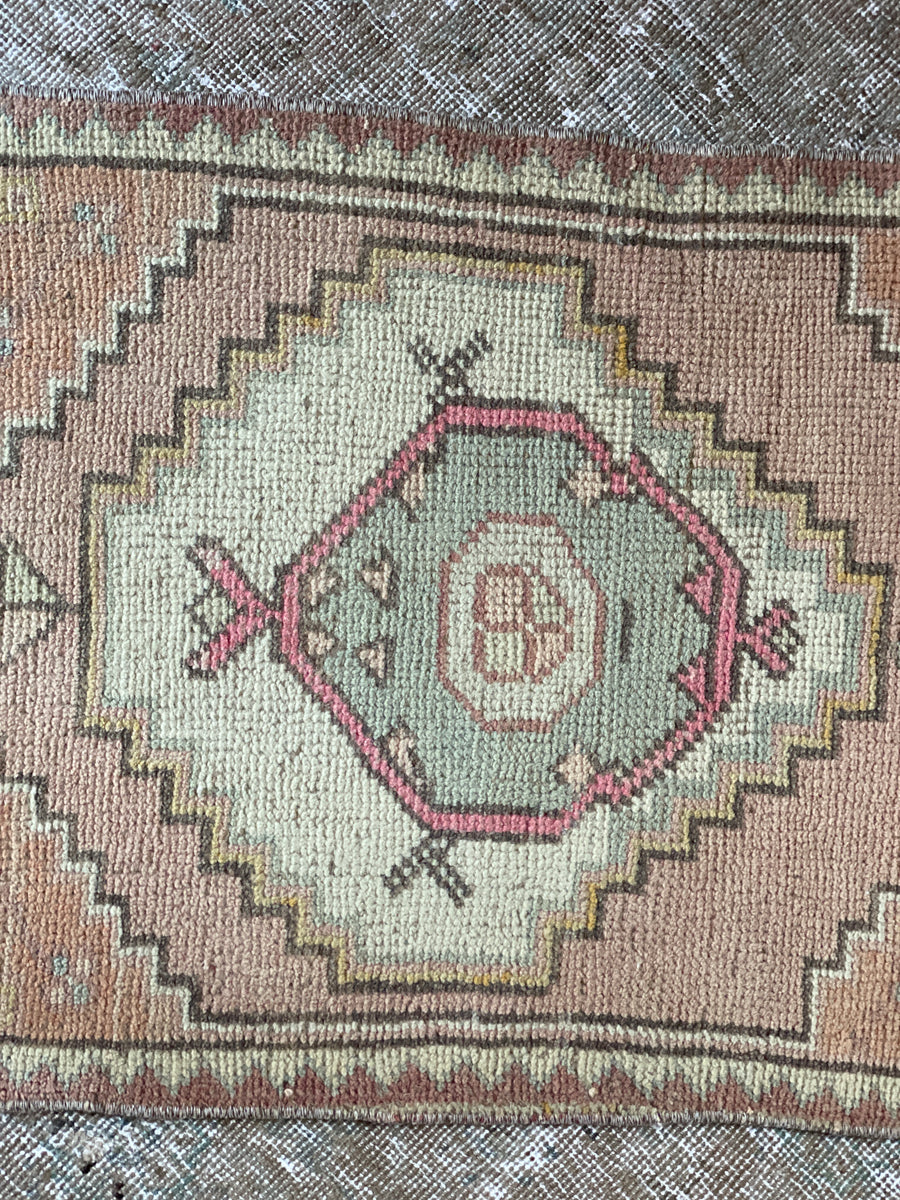 1’8 x 3’1 Vintage Turkish Oushak Rug Muted Pink, Blue and Cream
