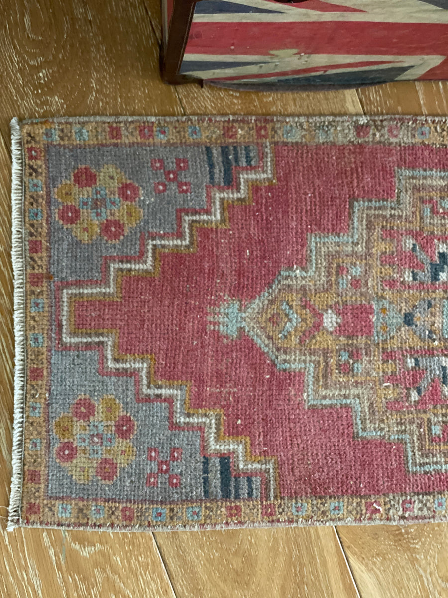 19” x 42”  Vintage Oushak Rug Muted Red, Gray and Camel