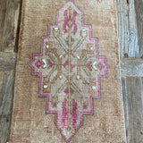 1’4 x 2’7 Antique Kars Rug Muted Camel Brown, Taupe,  Pink + White