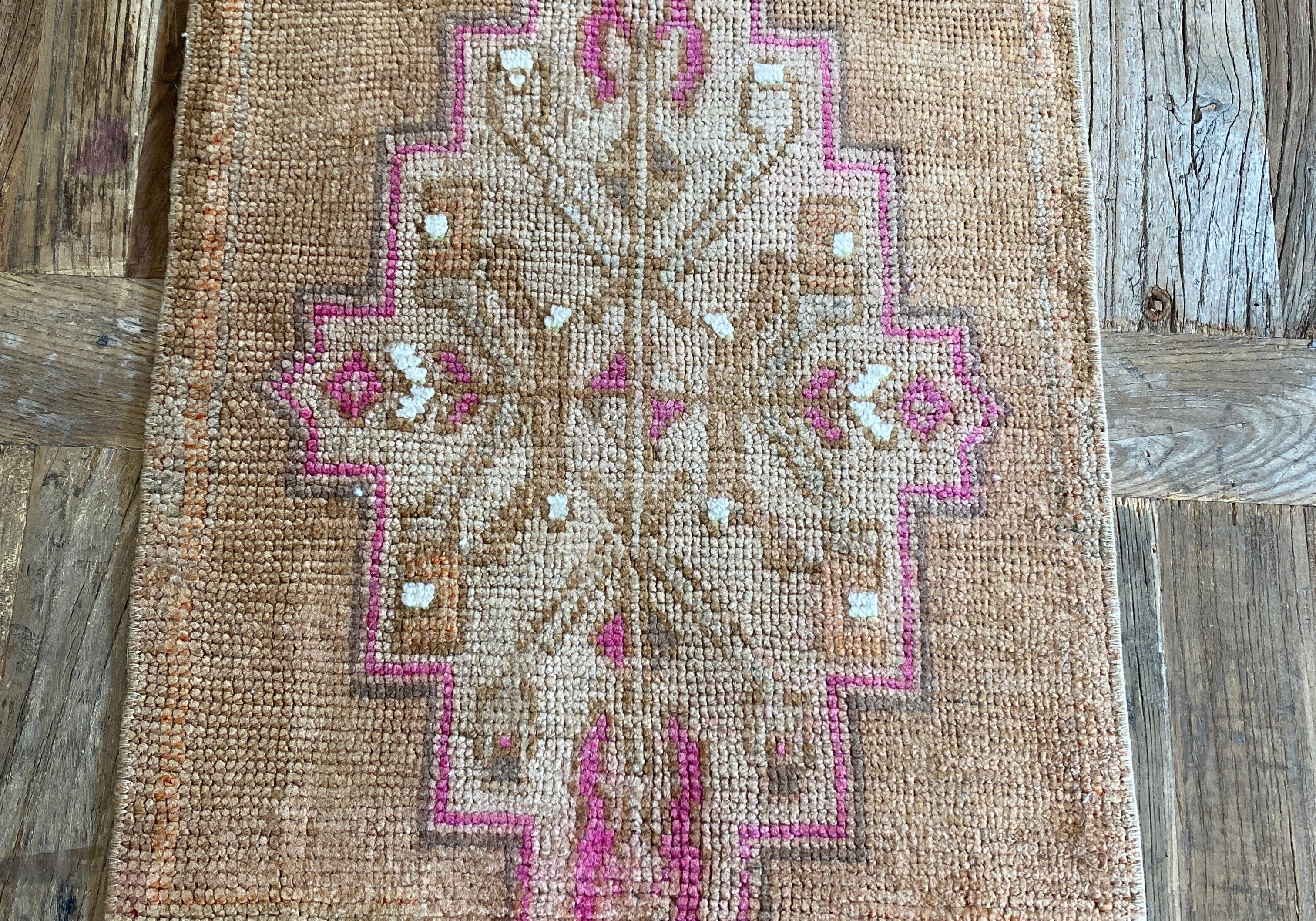 1’4 x 2’7 Antique Kars Rug Muted Camel Brown, Taupe,  Pink + White '4813 Linda's Barn