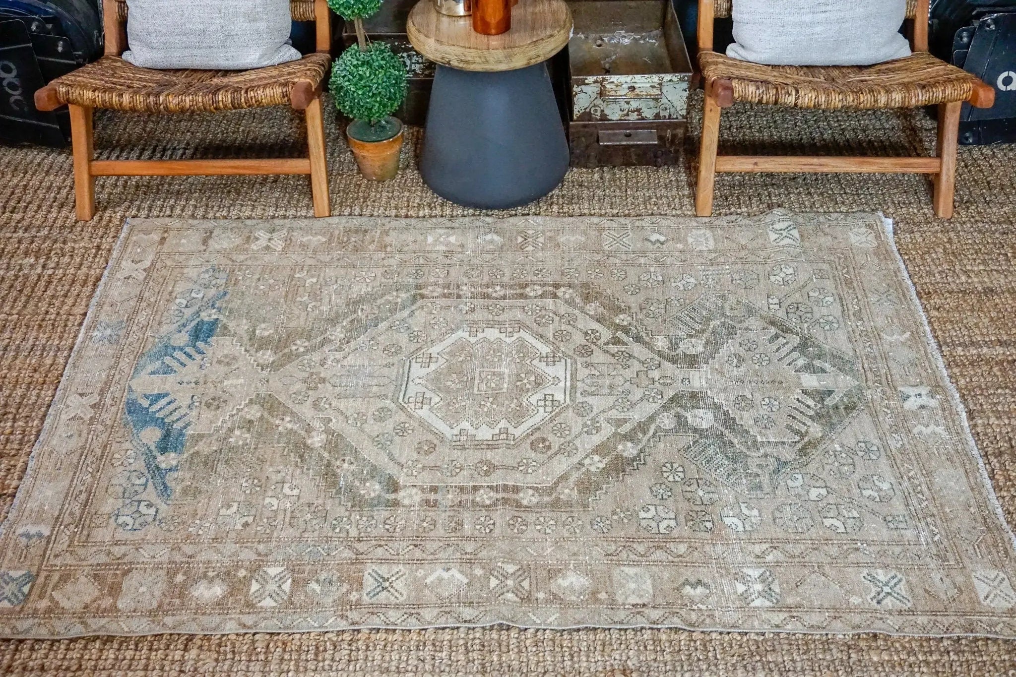 4’2 x 6’4 Vintage Hamadan Carpet Dark Beige,  Denim Blue + Brown SB '3474 Linda's Barn