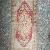1’6 x 3’11 Vintage Turkish Oushak Rug Muted Red, Beige & Apricot '4549