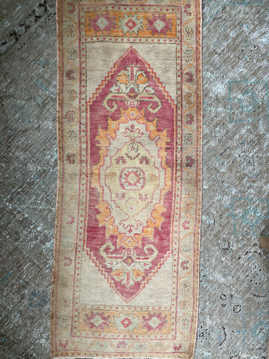 1’6 x 3’11 Vintage Turkish Oushak Rug Muted Red, Beige & Apricot