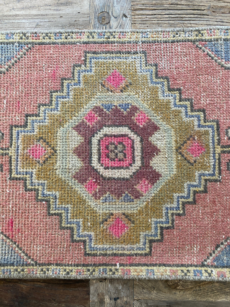 1’6 x 3’1 Vintage Oushak Runner Periwinkle, Pink & Chartreuse