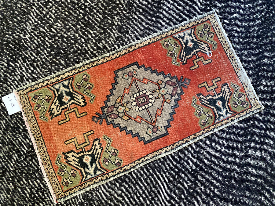 1’7 x 3’ Vintage Turkish Oushak Rug Muted Rust, Taupe & Green