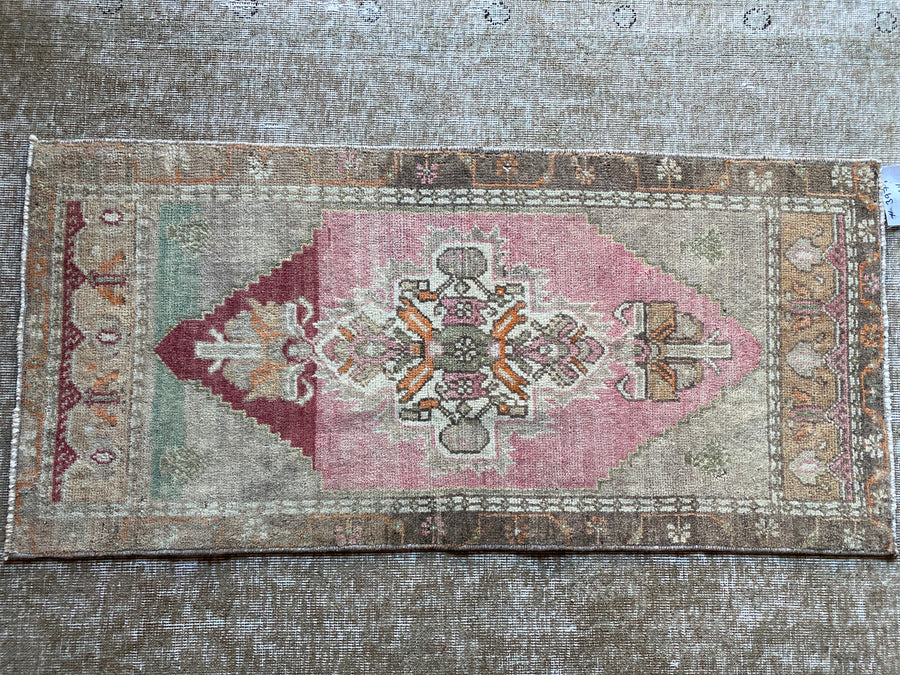 20” x 42” Vintage Turkish Oushak Mat Rug Muted Red, Taupe, Green & Brown SB