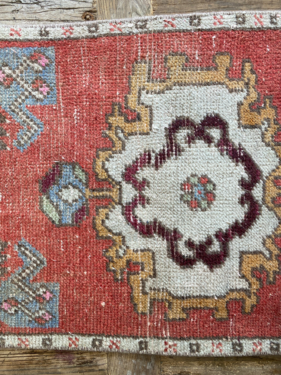 1’7 x 3’4 Vintage Oushak Runner Brick Red, Periwinkle Blue & Gray