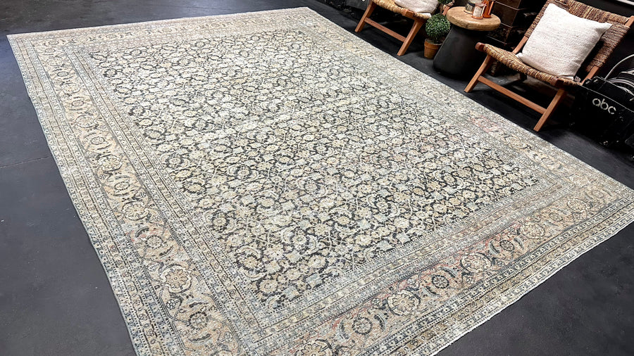 8’10 x 11’8 Classic Antique Tabriz Rug Muted Graphite, Camel + Light Denim