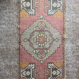 19” x 38” Vintage Turkish Oushak Mat Rug Muted Pink, Gray- Blue  & Saffron '3962