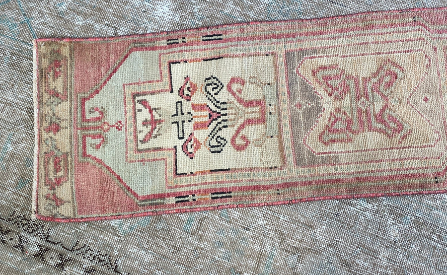 1’3 x 4’1 Vintage Oushak Mat Runner Very Muted Rose Pink, Peach & Mint SB