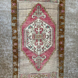 22” x 41” Vintage Turkish Oushak Mat Rug Muted Red, Camel and Beige