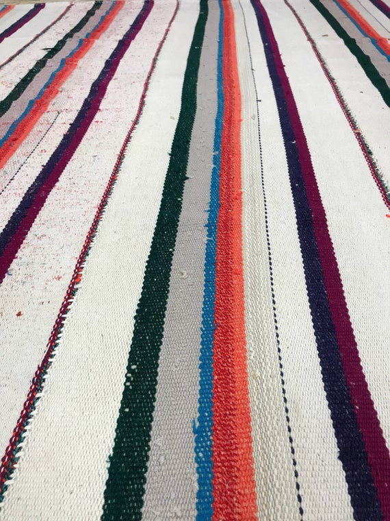 Mid-Century Modern 7 x 7 Turkish Kilim White Orange and Blue