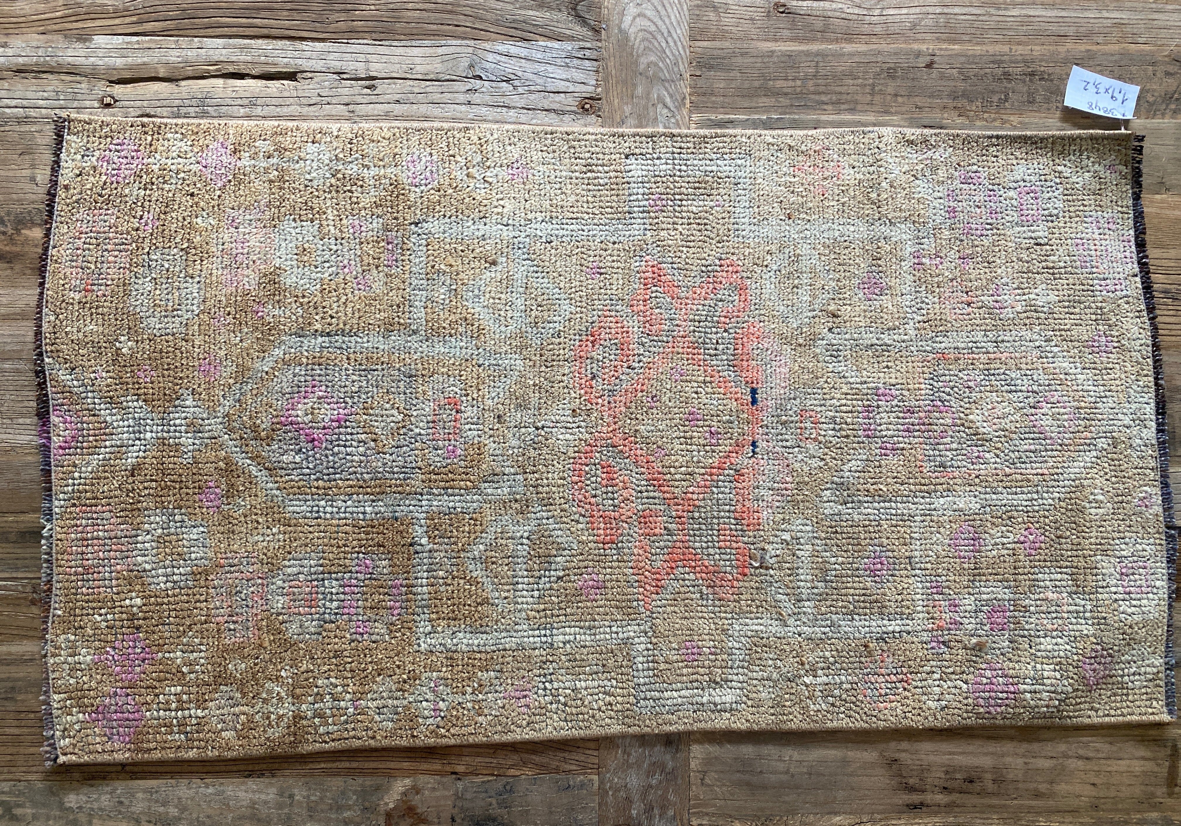 1’9 x 3’2 Vintage Turkish Herki Rug Muted Camel, Gray and Salmon '3848 Linda's Barn