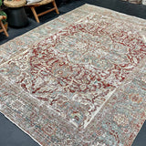 8’2 x 11’2 Classic Vintage Heriz Rug Muted Sea Blue, Red & Clay