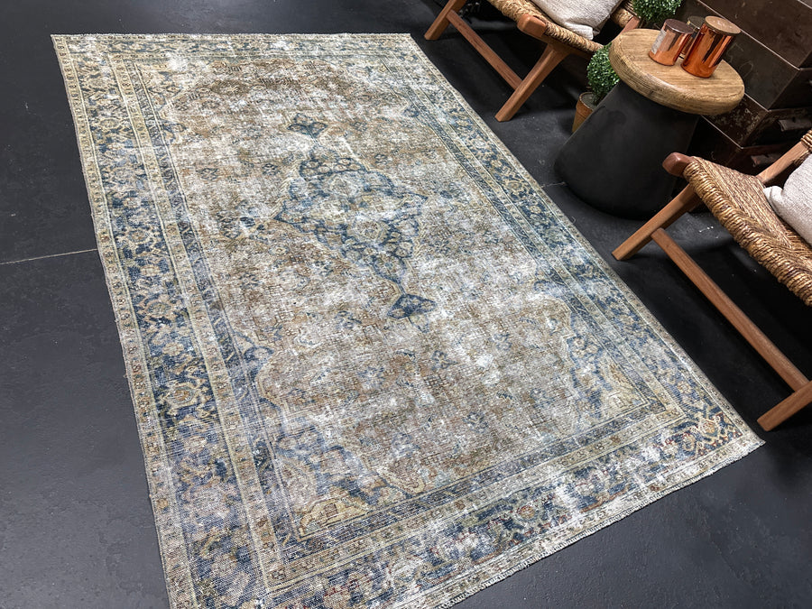 4’5 x 6’8 Classic Antique Rug Muted Indigo Blue, Camel & Gray SB