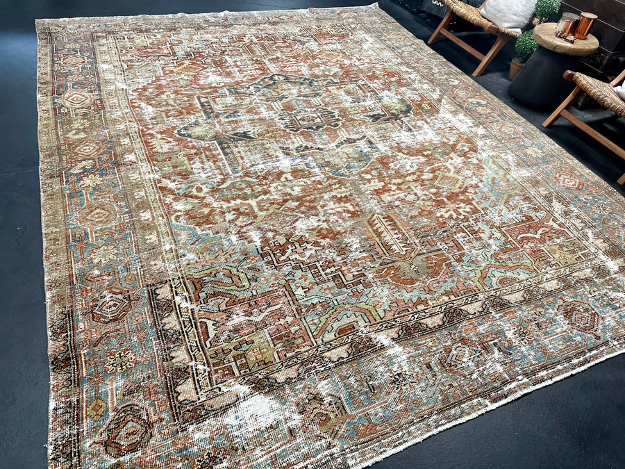 9’4 x 12’ Classic Vintage Rug Muted Copper, Blues, Greens SB
