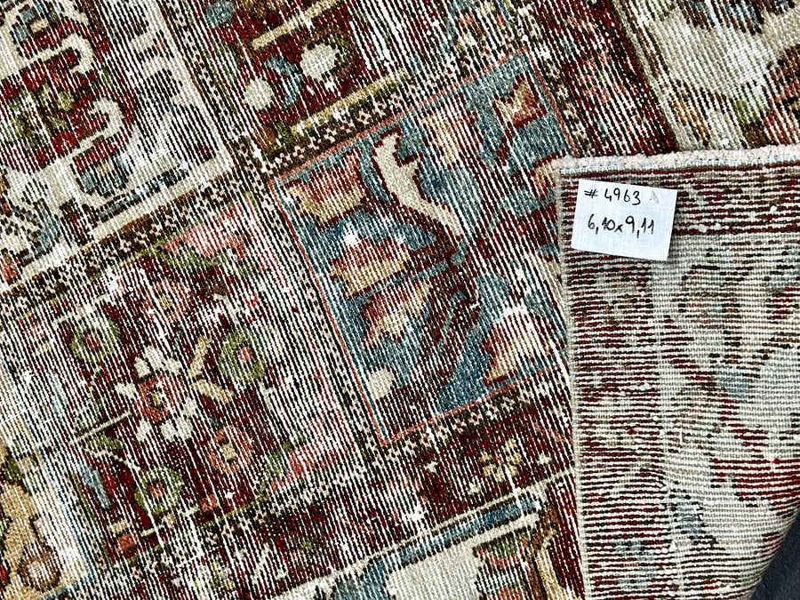 6’10 x 9’11 Classic Antique Carpet Blue, Red, Green & Bone