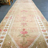 2'8 x 11'5 Vintage Turkish Runner Camel, Olive ,White and Pink