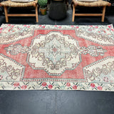 4’3 x 7’5 Vintage Turkish Oushak Carpet Muted Red, Bone & Blue '4395