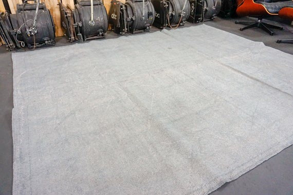 Hemp Kilim 7 x 8 Scandinavian Style MCM Slate Gray Pure Organic Hemp Vintage Turkish