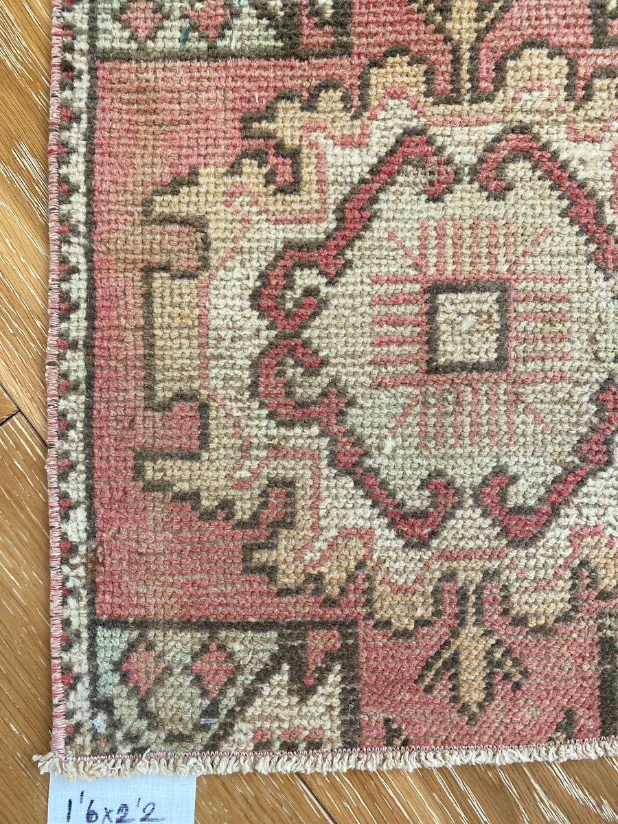 1’6 x 2’2 Vintage Turkish Oushak Rug Muted Red Wine, Apricot + Cream