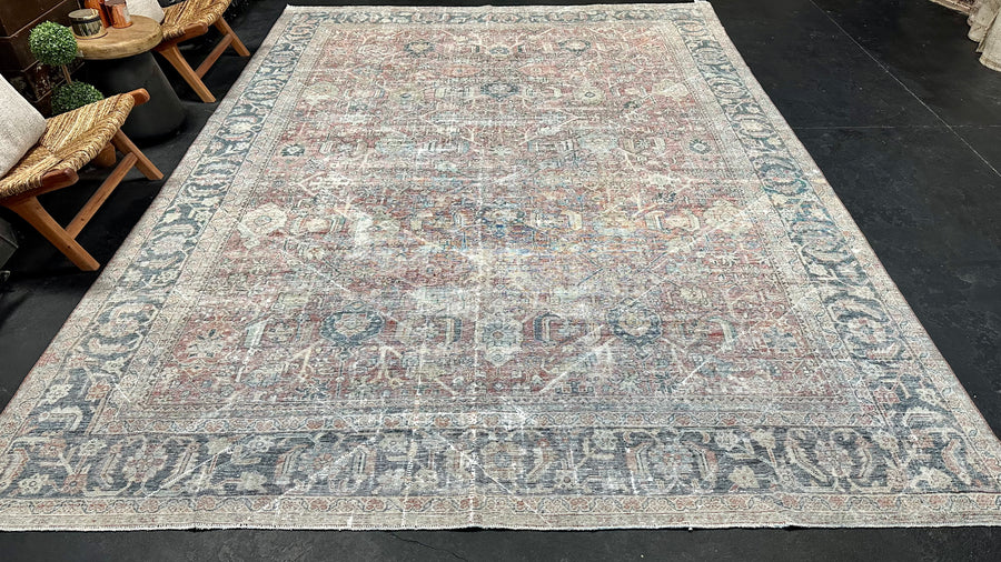 9’ x 12’5 Classic Antique Sultanabad Rug Muted Navy Blue, Red & Gray