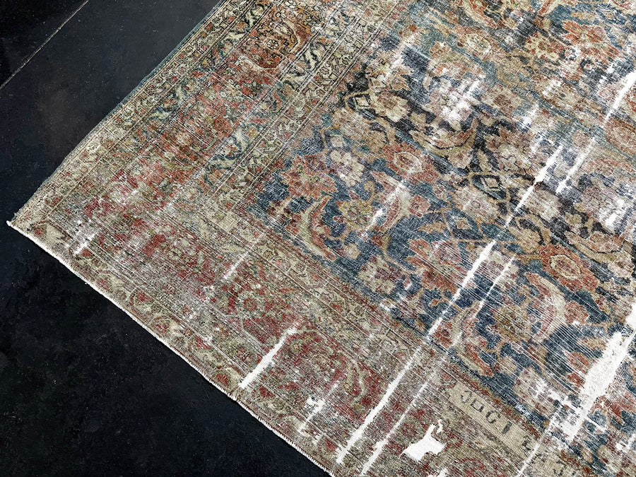 10’ x 12’5 Classic Antique Rug Muted  Denim Blue, Rust + Gray