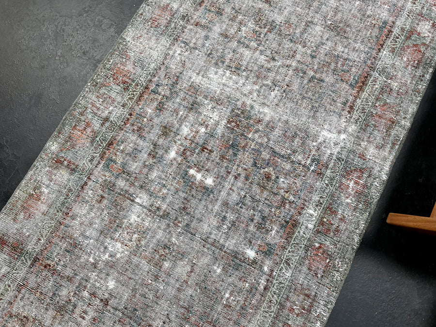 3’6 x 15’6 Antique Runner Muted Turquoise Blue, Copper + Gray
