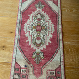 16” x 46” Vintage Turkish Oushak Mat Rug Muted Red, Sage Green and Beige