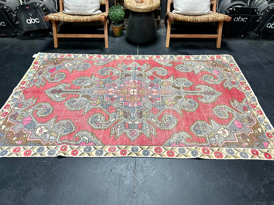 4’4 x 7’3 Vintage Turkish Oushak Carpet Muted Raspberry & Blue
