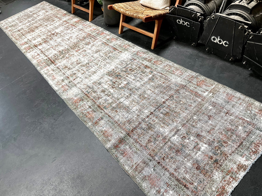 3’6 x 15’6 Antique Runner Muted Turquoise Blue, Copper + Gray