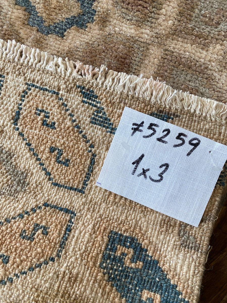 1’ x 3’ Vintage Taspinar Rug Very Muted Sea Blue-Green & Beige