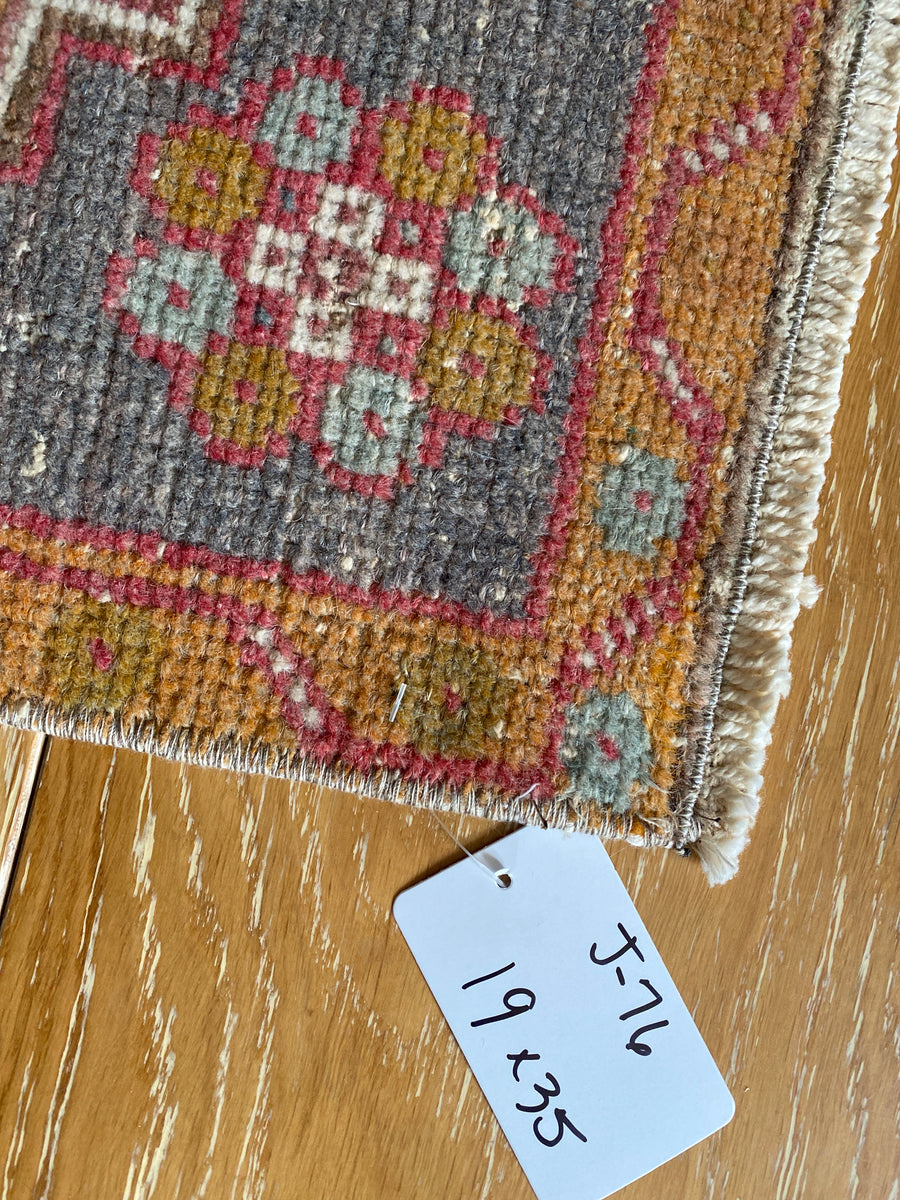 19” x 35” Vintage Oushak Rug Muted Red, Camel & Gray