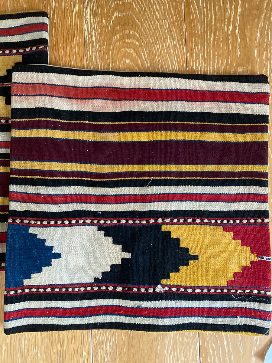 Set of 2 Vintage Turkish Kilim Pillows 19” x 19” Wool Carpet Fragment 1970's (cover only)