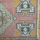 19” x 38” Vintage Turkish Oushak Mat Rug Muted Pink, Gray- Blue  & Saffron '3962