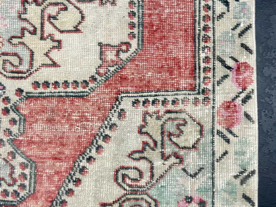4’3 x 7’5 Vintage Turkish Oushak Carpet Muted Red, Bone & Blue