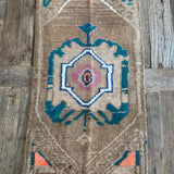 1’5 x 2’6 Antique Kars Rug Wool + Silk Muted Beige, Teal & Orange '4856