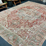 9’4 x 12’10 Classic Vintage Heriz Rug Muted Teal, Red & Gray