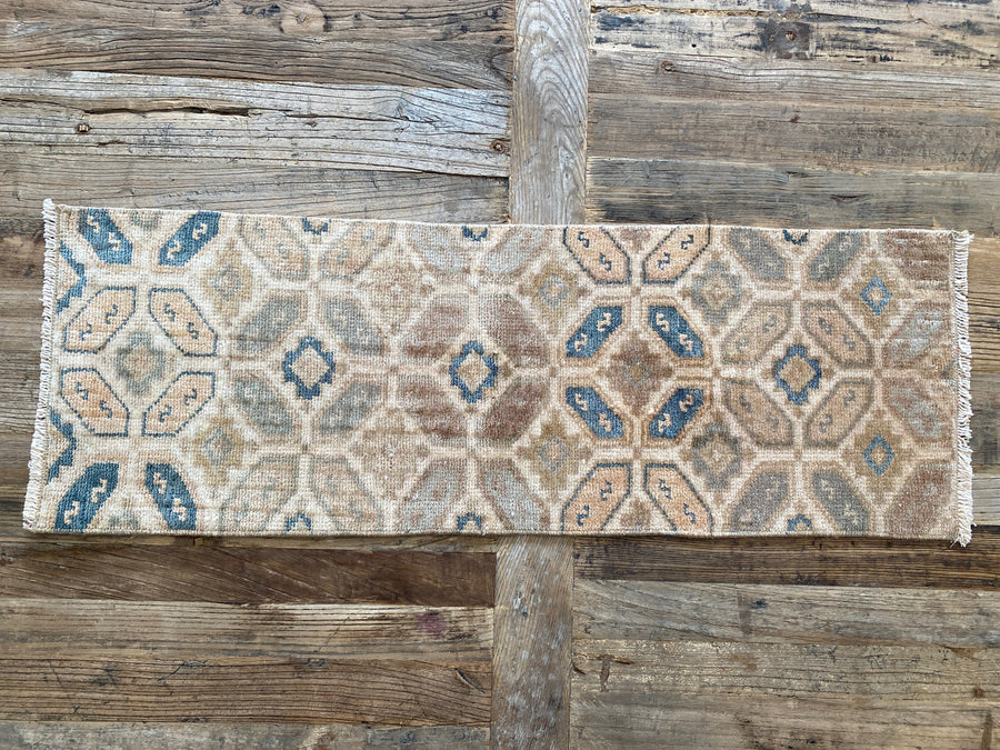 1’ x 3’ Vintage Taspinar Rug Very Muted Sea Blue-Green & Beige