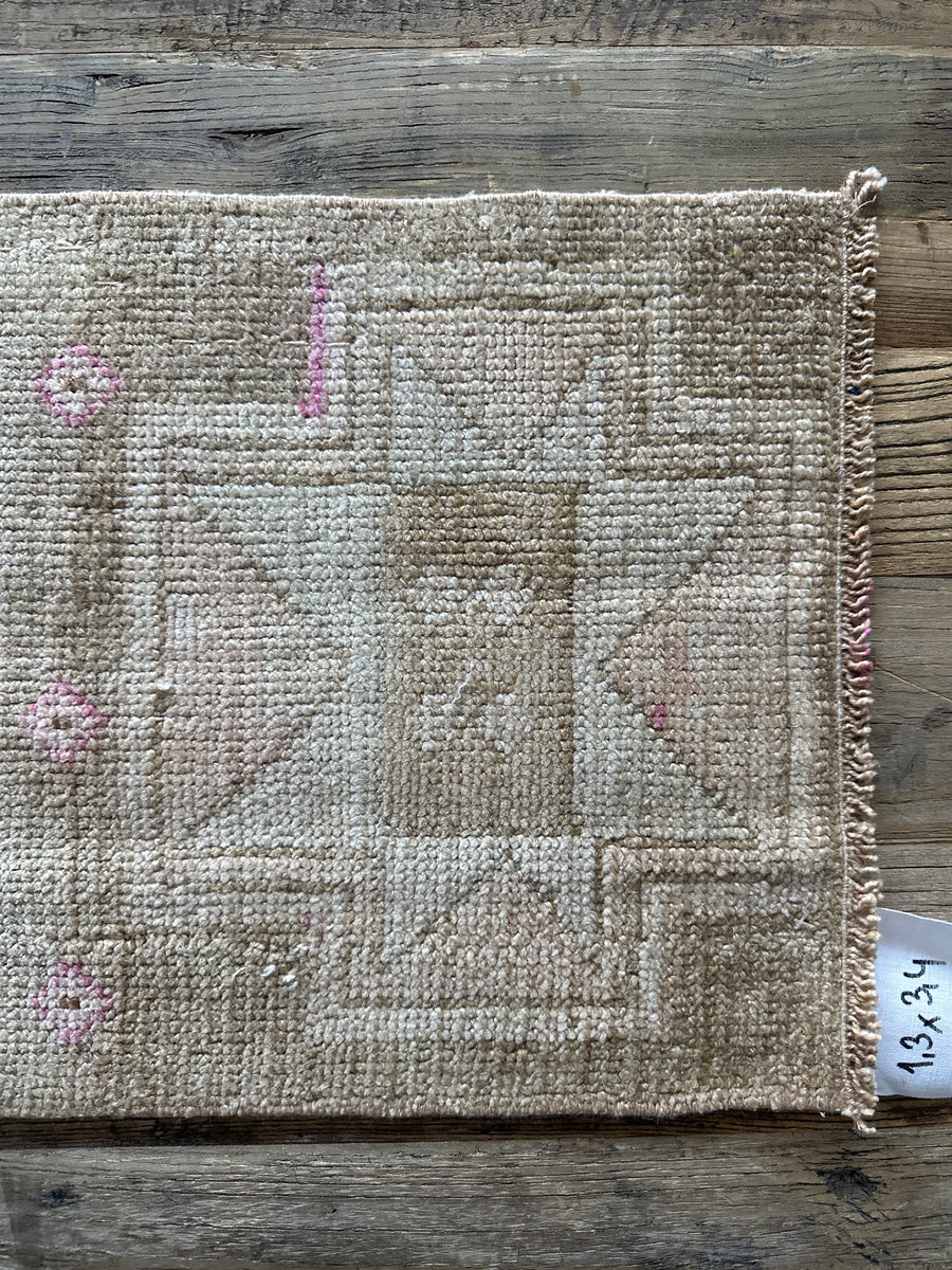 1’3 x 3’4 Antique Kars Rug Muted Camel Beige, Gray + Pink