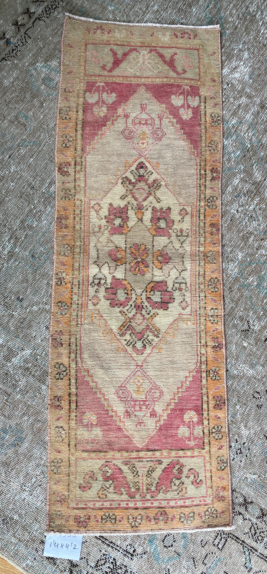 1’4 x 4’2 Vintage Oushak Mat Runner Very Muted Wine, Apricot & Beige SB
