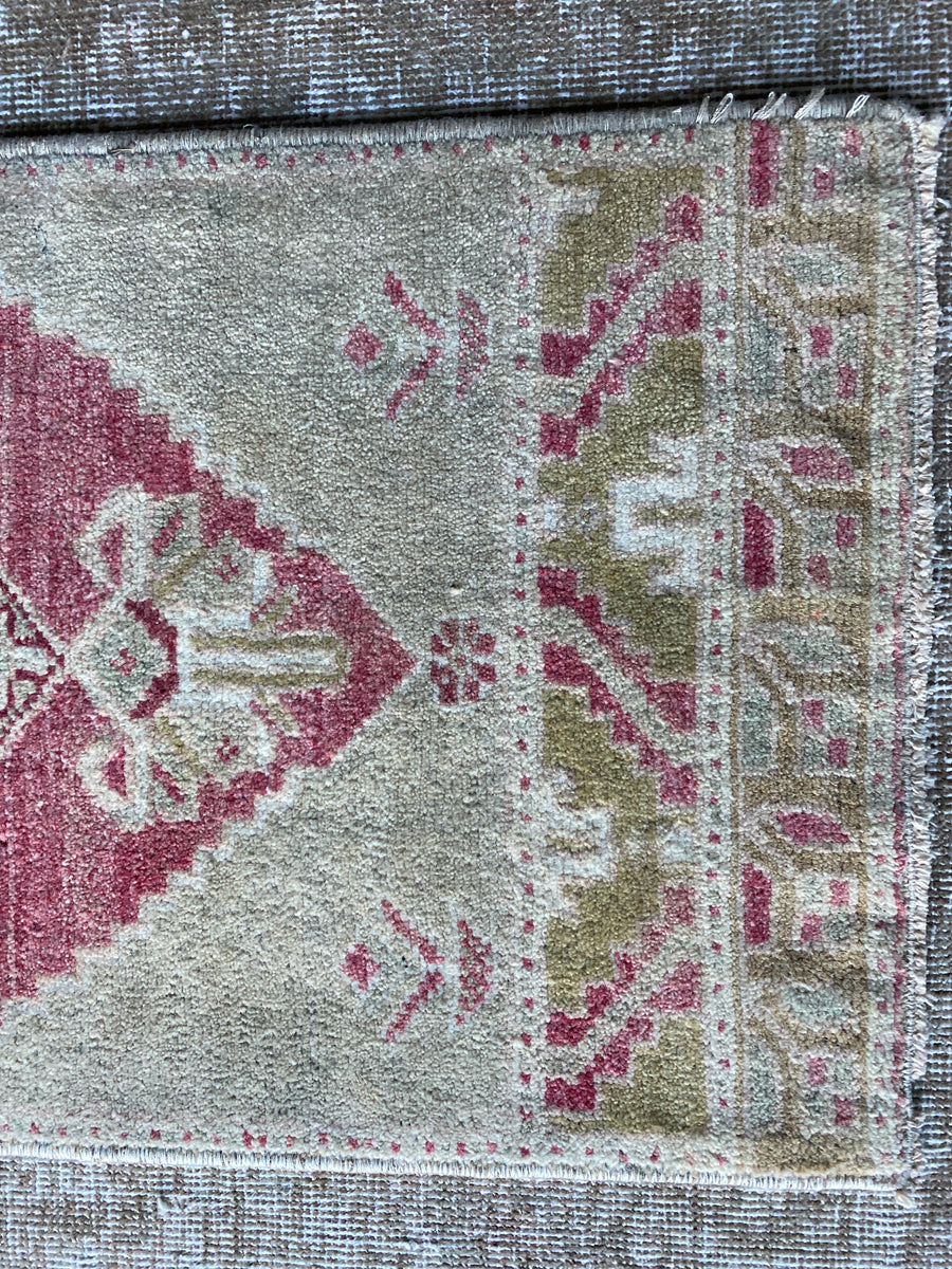 15” x 40” Vintage Turkish Oushak Mat Rug Muted Red, Beige & Chartreuse