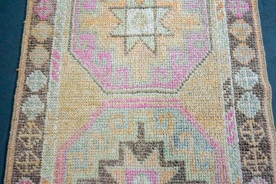2'9 x 12'3 Vintage Turkish Runner Camel, Sand and Pink