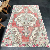 4’3 x 7’5 Vintage Turkish Oushak Carpet Muted Red, Bone & Blue '4395